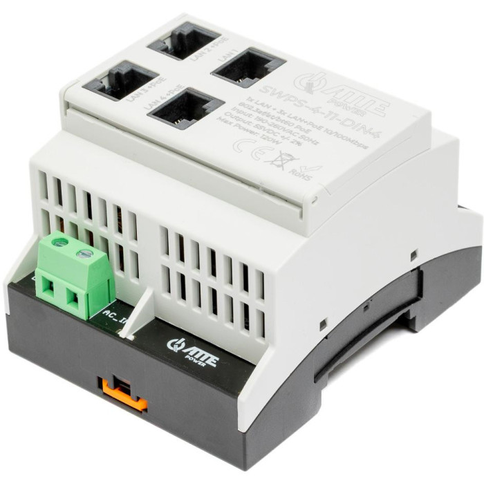 Switch PoE 4 portowy z wbudowanym zasilaczem na szynę TH35 ATTE SWPS-4-11-DIN4